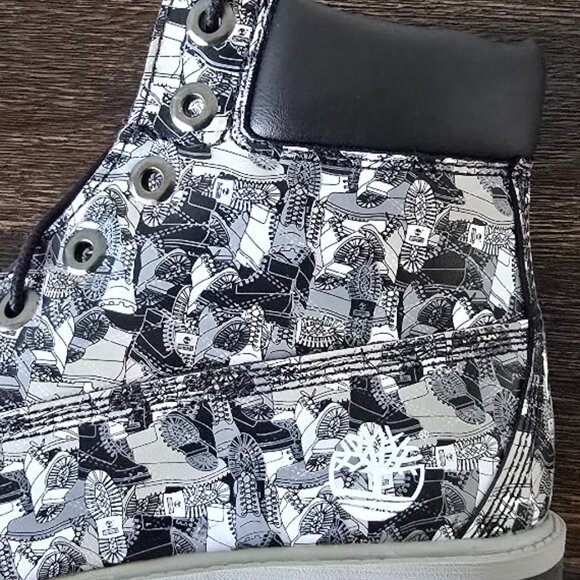 NIB Timberland Black White & Gray Camo Patterned Leather 6" Lug Sole Boots - Picture 13 of 16